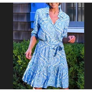 WALKER & WADE blue white mosaic Coco dress sz M